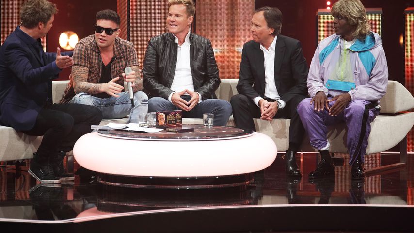 Kay One (2. v.l.) mit Moderator Oliver Geissen, Dieter Bohlen, André Selleneit und Bruce Darnell